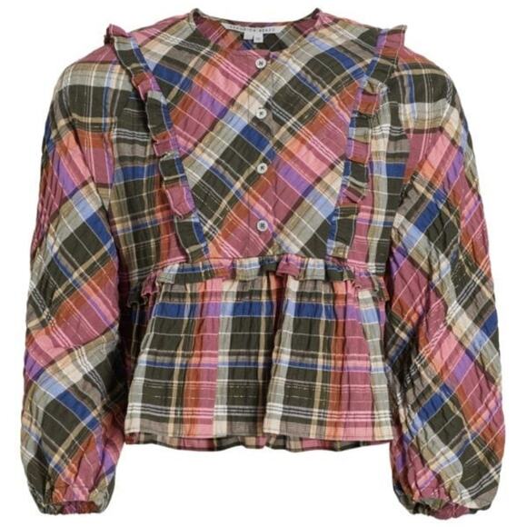 Veronica Beard peplum cotton pink plaid blouse size 8 - Picture 3 of 7